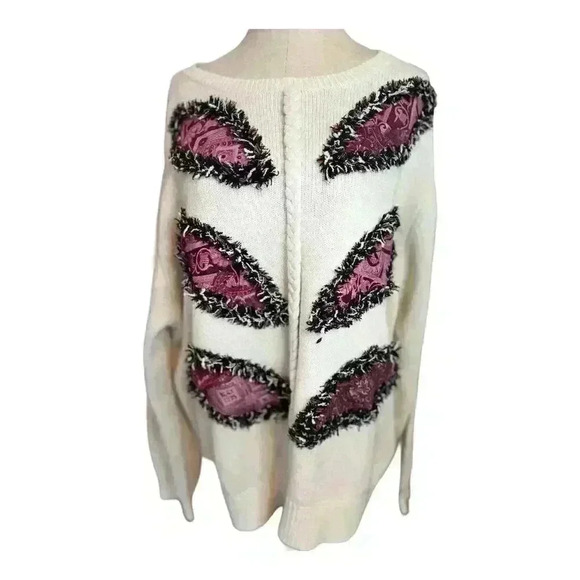 KOOS of Course! Women's 1X Beige Pullover Sweater Long Sleeve Paisley Fringe - Picture 3 of 7